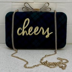 NEW Talbots Holiday Black Watch plaid “cheers” Embroidered Clutch Purse Bag